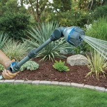 Extended telescoping garden nozzle with multi-pattern head and blue ring