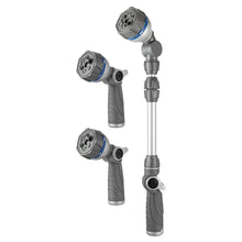 Nozzle set with two multi-pattern heads and telescoping wand in gray and blue