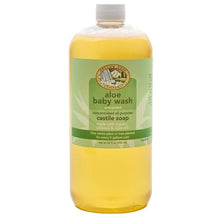 Organic castile soap bottle, aloe baby wash unscented, amber liquid with green label