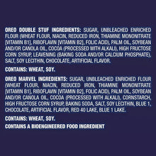 Oreo Stuff of Legends ingredients panel with Contains wheat and soy and allergen text