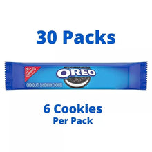 Oreo chocolate sandwich cookie pack front showing 30 packs, 6 cookies per pack
