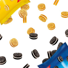 Mini sandwich cookies scattered, with sandwich-cookie packaging edge in the corner