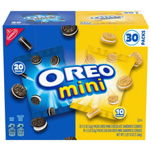 Mini sandwich cookie variety pack with blue and yellow boxes, assorted cookies shown