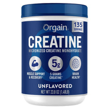 Creatine monohydrate supplement tub, blue label, unflavored powder