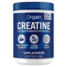 Creatine supplement container with blue lid, unflavored label, 5g per serving