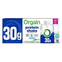 Orgain protein shake carton multipack, blue and white with 30g branding
