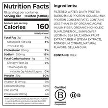 Nutrition Facts panel for protein shake, calories 160 per serving