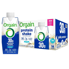Orgain 30g protein shake cartons, vanilla flavor, blue and white pack
