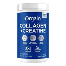 Collagen + creatine supplement tub, blue label with Orgain logo and Unflavored