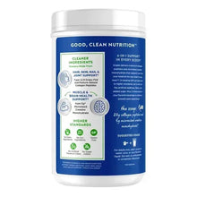 Collagen + creatine supplement tub, back label with clean nutrition and support icons