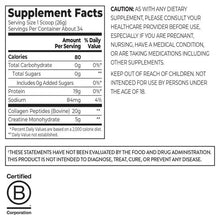 Supplement Facts panel for collagen and creatine, listing serving size and ingredients