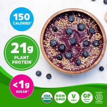 Plant protein nutrition graphic with purple smoothie bowl and <1g sugar badge
