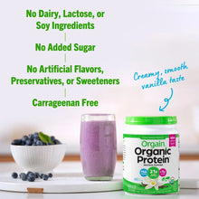 Organic protein powder tub with smoothie cup and claims of no added sugar