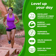 Organic plant protein promotional panel with benefit icons and level up your day text