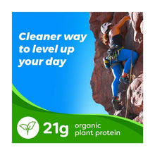 Organic plant protein 21g promotional panel with green leaf icon and blue text