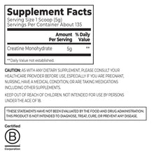 Supplement Facts panel listing 5g creatine monohydrate per serving on label