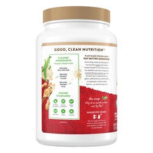 Protein powder container side label with plant and nut protein blend text