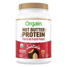 Protein powder container with Orgain Nut Butter Protein label, dark chocolate peanut butter