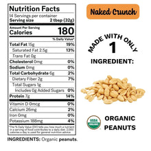 Nutrition facts panel with peanuts and ingredient label for crunchy organic peanut butter
