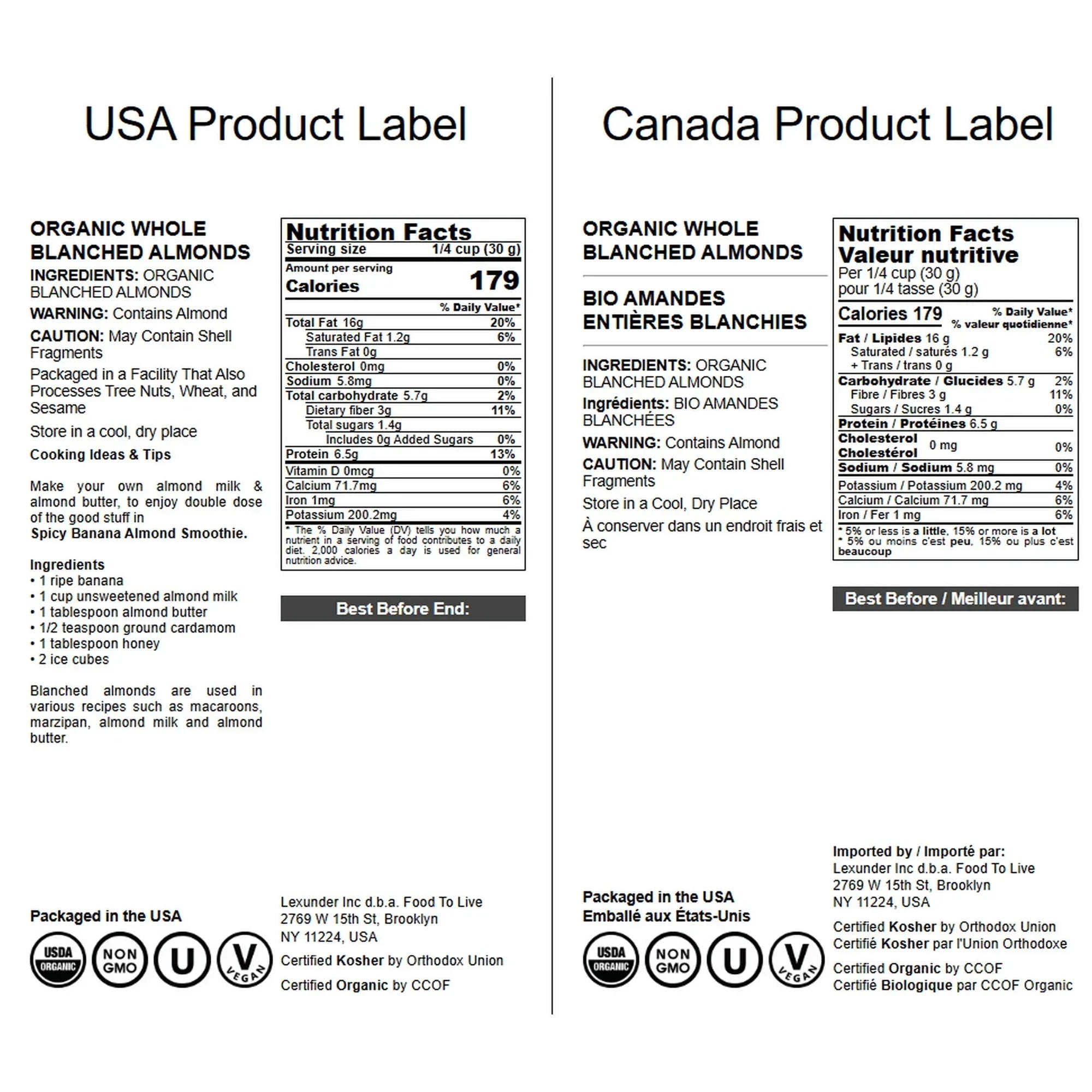 Organic Whole Blanched Almonds — Non-GMO, Kosher, Vegan — by Food to Live
