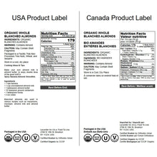 Organic whole blanched almond nutrition label, ingredients and allergen info