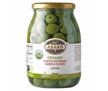 Asaro organic pitted Castelvetrano green olives in glass jar