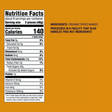 Nutrition Facts label for organic dried mango: 3 pieces (40g), 140 calories
