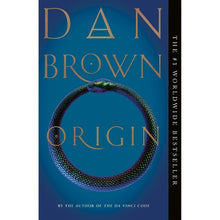 Paperback book with blue cover, 'Origin' title, circular emblem and Dan Brown author name.