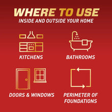 Insect killer usage graphic for kitchens, bathrooms, doors & windows, and perimeter areas