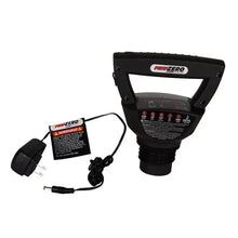 PowerZero sprayer nozzle with warning label, power plug, and adapter cord