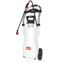 3-gallon powered cart sprayer with white tank, black handle, wheels and pump