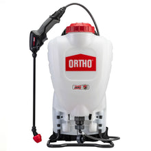 Backpack sprayer with ORTHO tank, red top, black wand, and hose loop