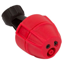 Red spray nozzle tip with black housing, close-up of front fitting