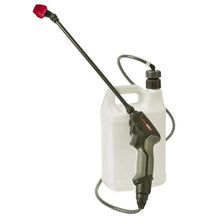 White sprayer tank with black handle wand and red tip, with hanging cord