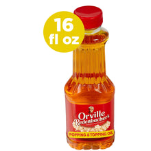 Orville Redenbacher's popping & topping oil bottle with red cap, amber oil, 16 fl oz