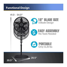 Black pedestal fan with 5-blade design, shown with size dimensions