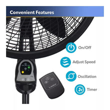 Black pedestal fan control panel and included remote with buttons