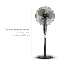 Oscillating pedestal fan with round grille and adjustable stand, full-height view
