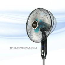 Pedestal fan with teal center hub, black grille, and tilt controls on handle