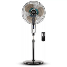 16 in oscillating pedestal fan with black grille, stand base, and included remote