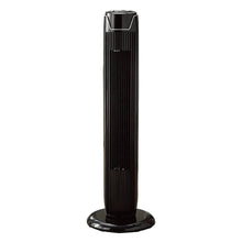 Black tower fan standing on round base with vertical airflow vents