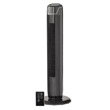 Black oscillating tower fan with top grille and included remote control