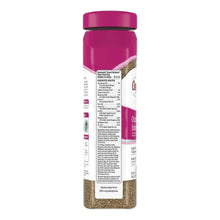 Fertilizer bottle with vertical side label text and tan granules at the base