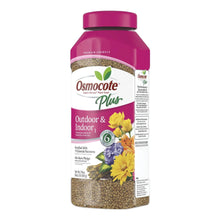 Osmocote Plus fertilizer bottle with purple cap, Outdoor & Indoor label and flower graphics