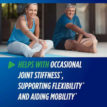 Joint health supplement promotional graphic with two people stretching on exercise mat
