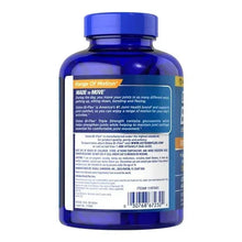 Blue supplement bottle with back panel text and ingredients label