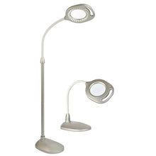 OttLite 2-in-1 LED floor lamp with round magnifier head, white and gray base