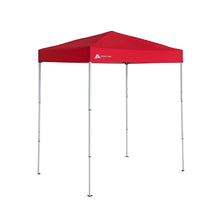 Red pop-up canopy tent with peaked top and white slanted legs