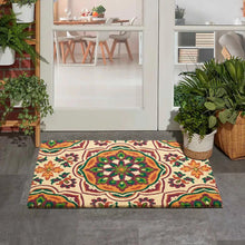 Ivory doormat with ornate floral medallion design on entryway floor