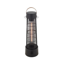 Black electric patio heater lantern with arched handle and glowing heater core